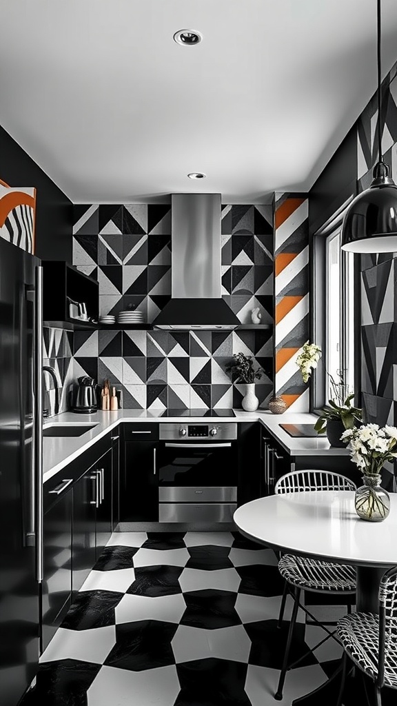 Stylish black and white kitchen with bold geometric patterns on the walls and floor.