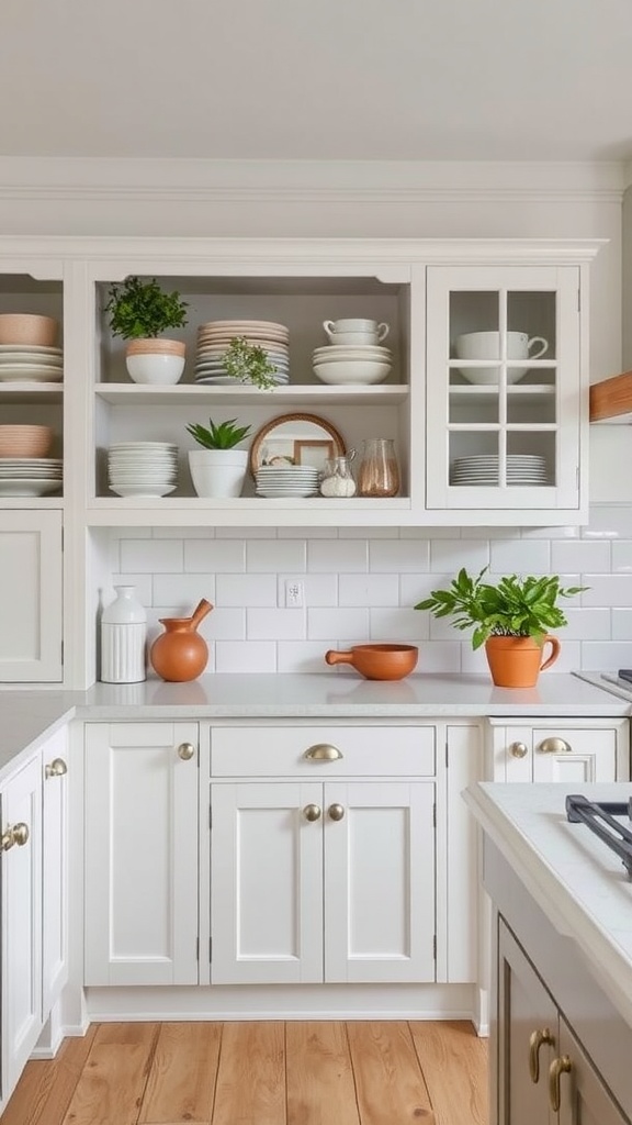 A well-organized French country kitchen with open shelves displaying dishware and plants.