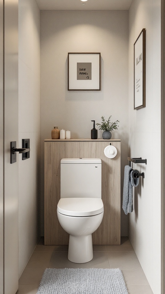 A small, stylish downstairs toilet featuring compact furniture with a wooden cabinet and framed artwork.