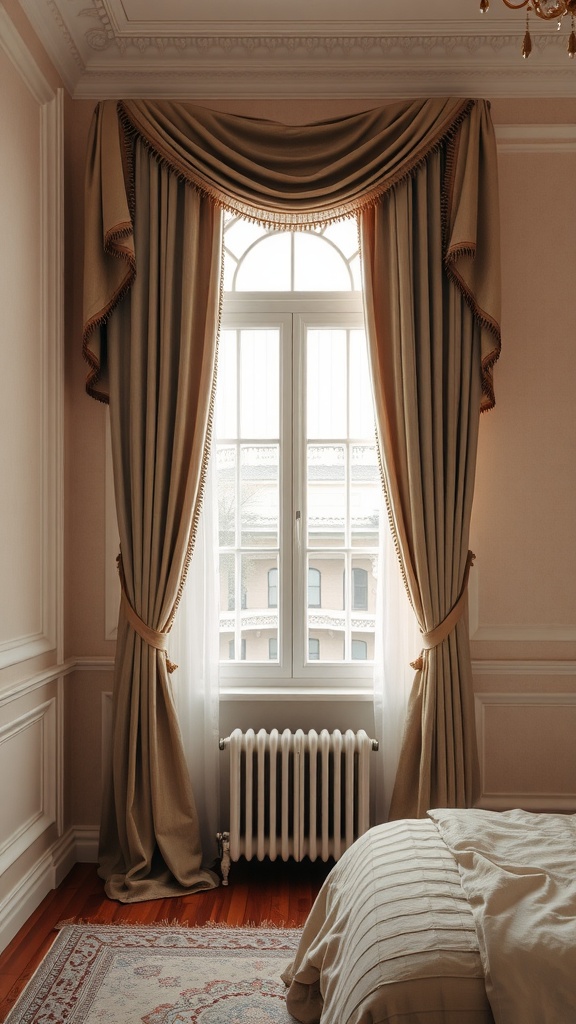 Luxurious curtains framing a window in a stylish bedroom.