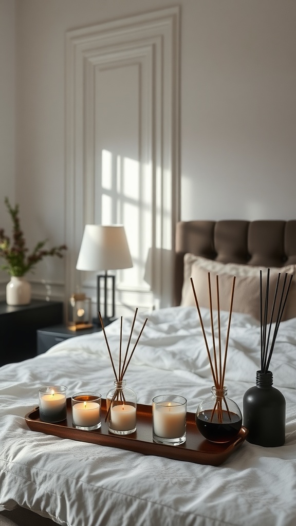 Decorative candles and diffusers on a tray in a bedroom setting.