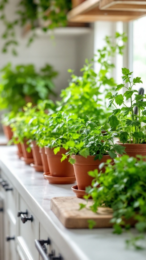 A kitchen countertop with several potted herbs in terracotta pots, showcasing a fresh and inviting atmosphere.