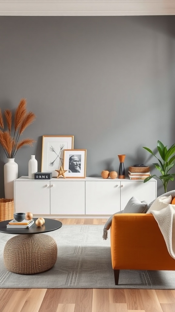 A stylish living room featuring a modern orange sofa, a round coffee table, and decorative elements like plants and art on a neutral background.