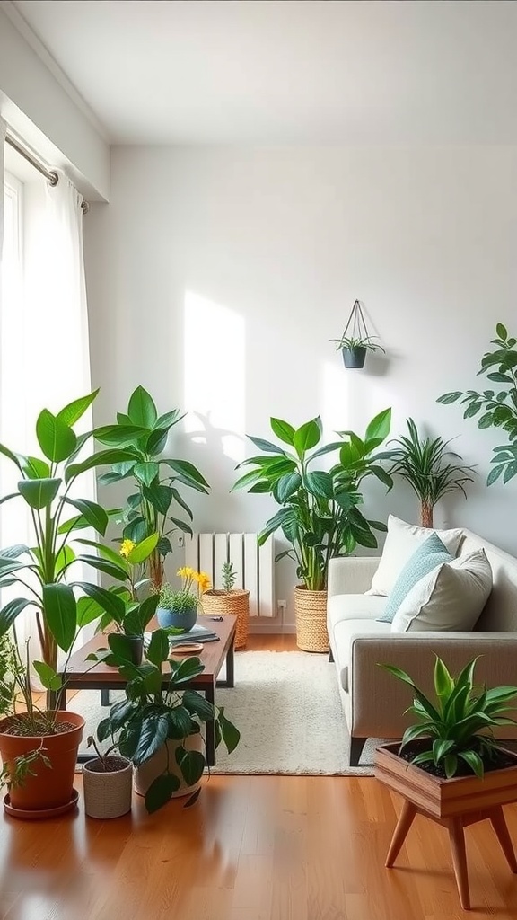 A cozy living room filled with various indoor plants, showcasing a bright and inviting atmosphere.