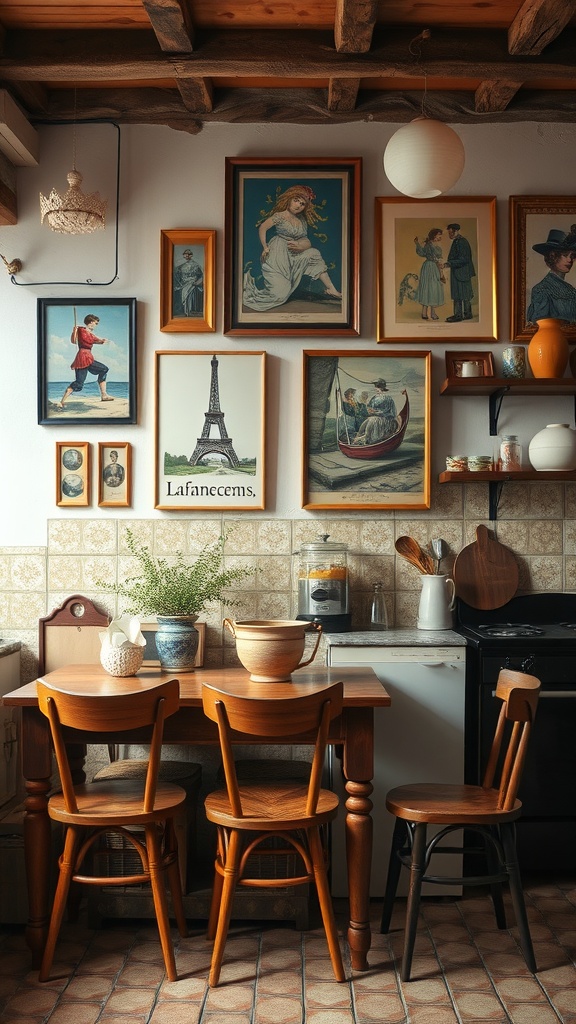 A cozy French country kitchen with local art on the walls, showcasing various framed pictures and decorations.