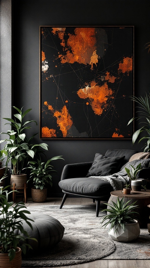 A black and rust living room featuring abstract art and various plants.