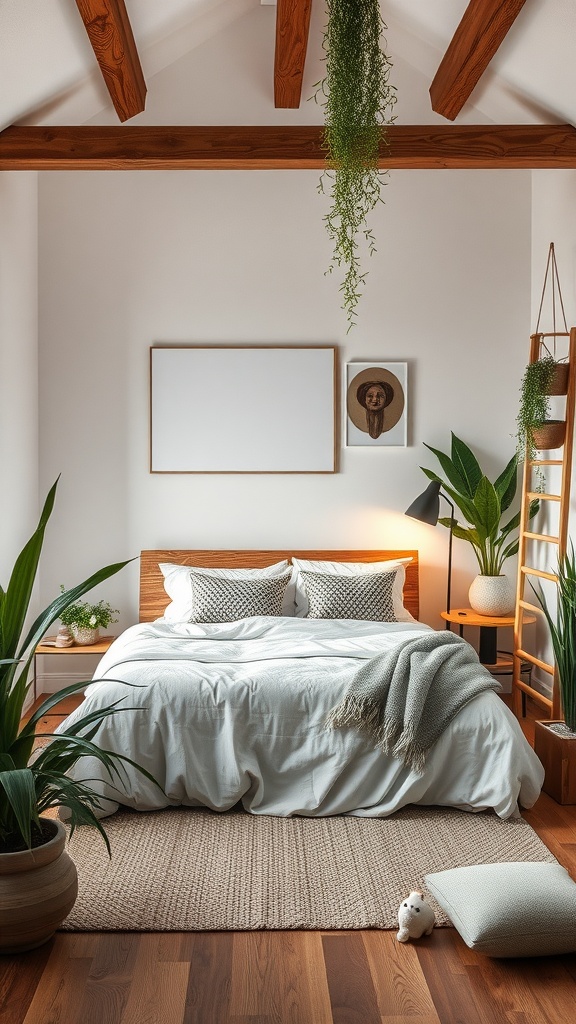 A cozy bedroom with natural elements including plants, wood accents, and soft textures.