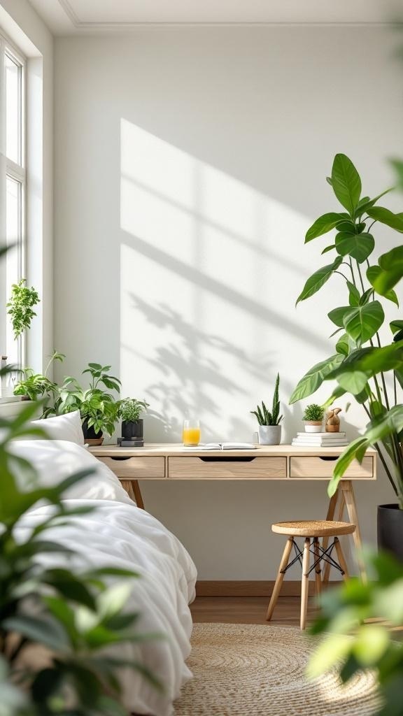 A cozy guest bedroom/office featuring plants, a desk, and warm lighting.