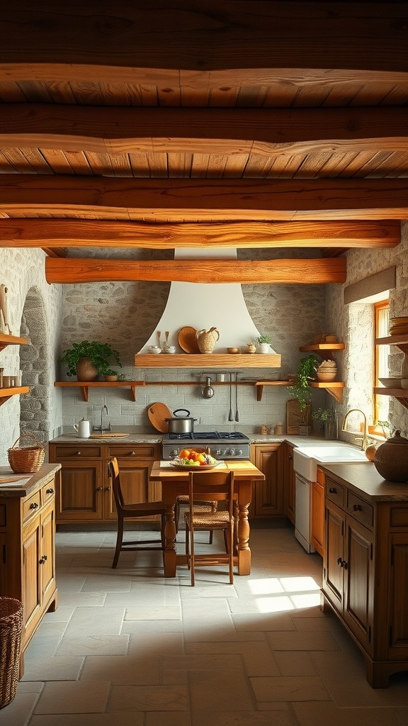A cozy French country kitchen featuring wooden beams, stone walls, and rustic decor.