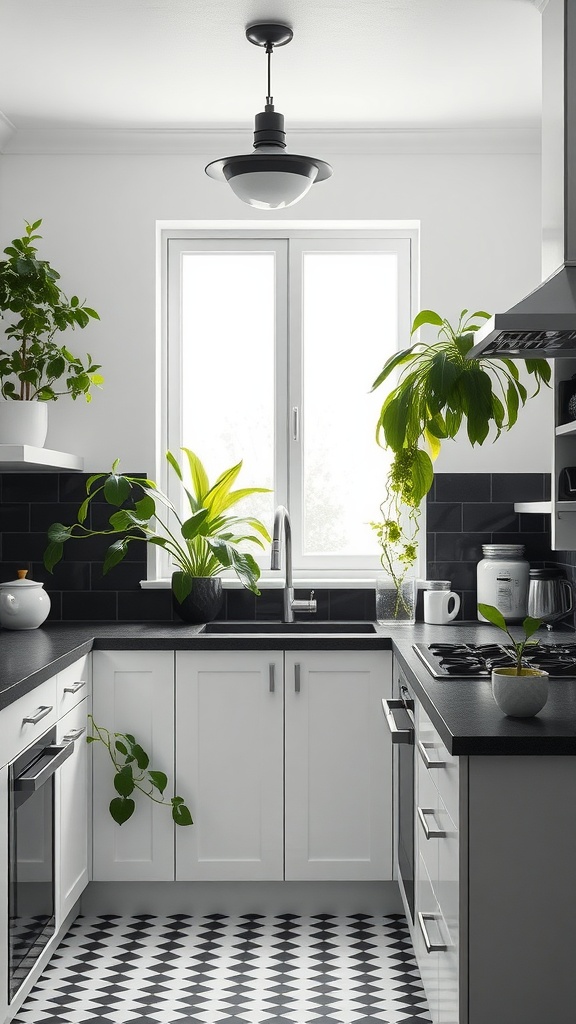 Black and white kitchen with greenery and plants on countertops.