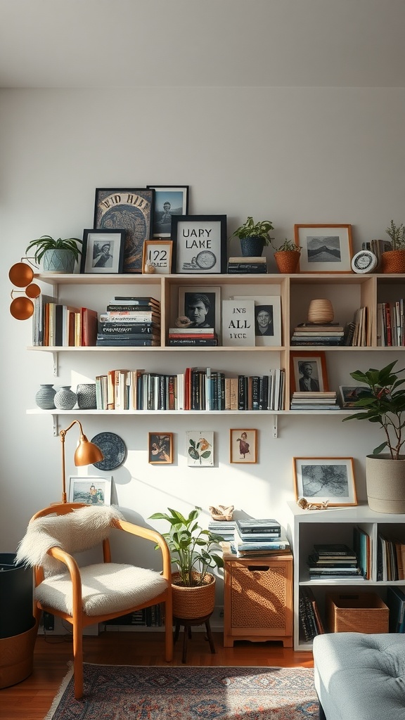 Cozy studio apartment living room with personal collections on display.