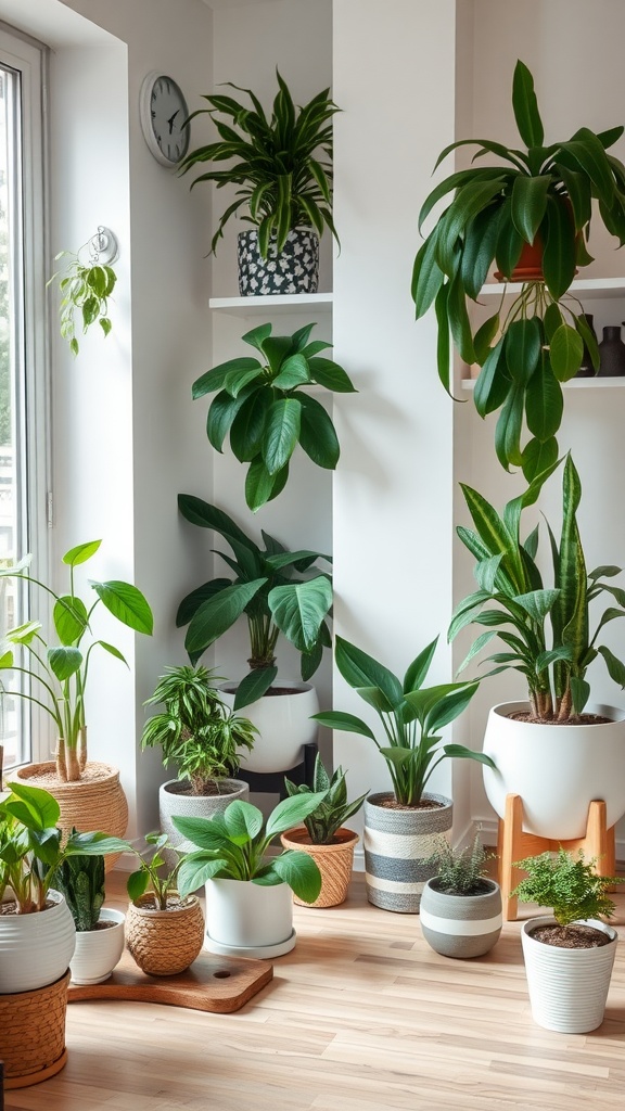 A bright and stylish studio apartment living room filled with various indoor plants in decorative pots.