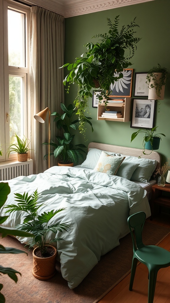 A cozy sage green bedroom featuring plants and rattan touches.