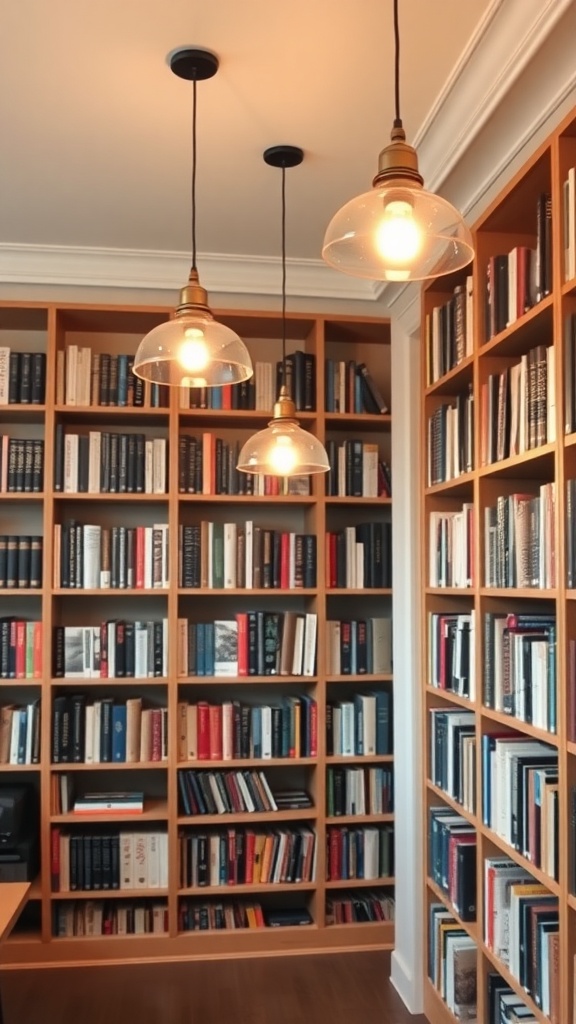 A stylish home library with three pendant lights hanging over a wooden bookshelf filled with books.