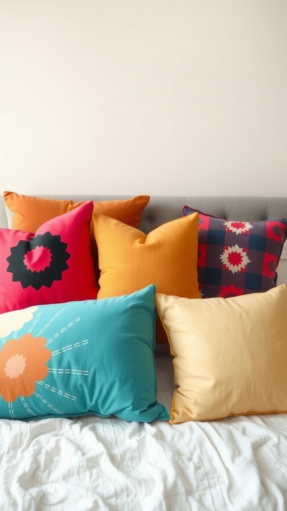 Colorful statement pillows on a bed