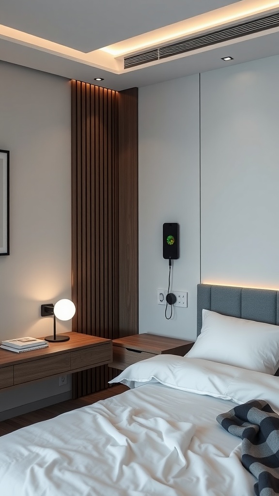 A modern bedroom featuring a stylish lamp, wooden furniture, and a sleek phone dock.