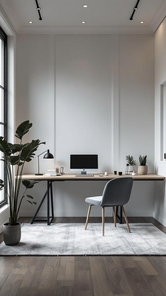 A minimalist office setup with a desk, chair, and plants, showcasing a modern workspace.
