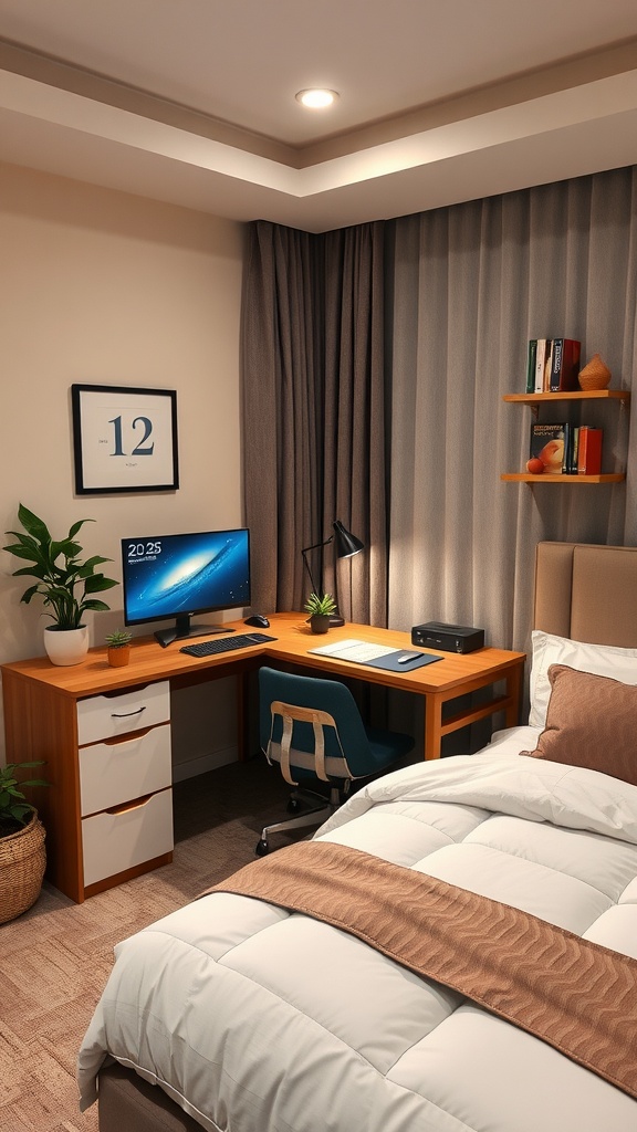 A cozy guest bedroom with a workspace featuring a desk, computer, and comfortable chair.