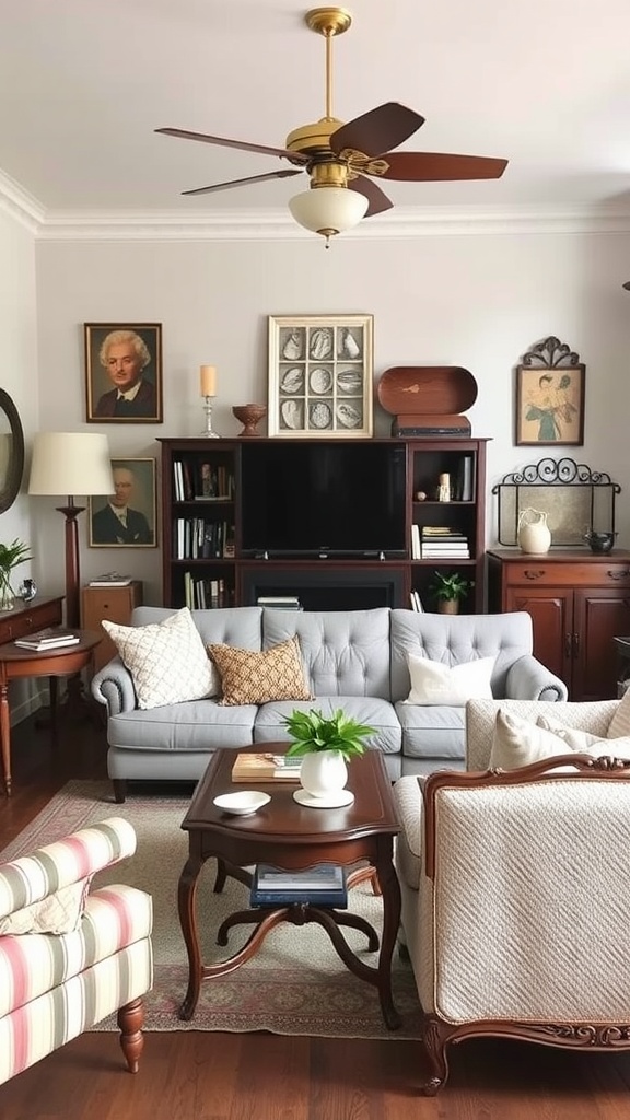A cozy living room featuring vintage furniture and decor.