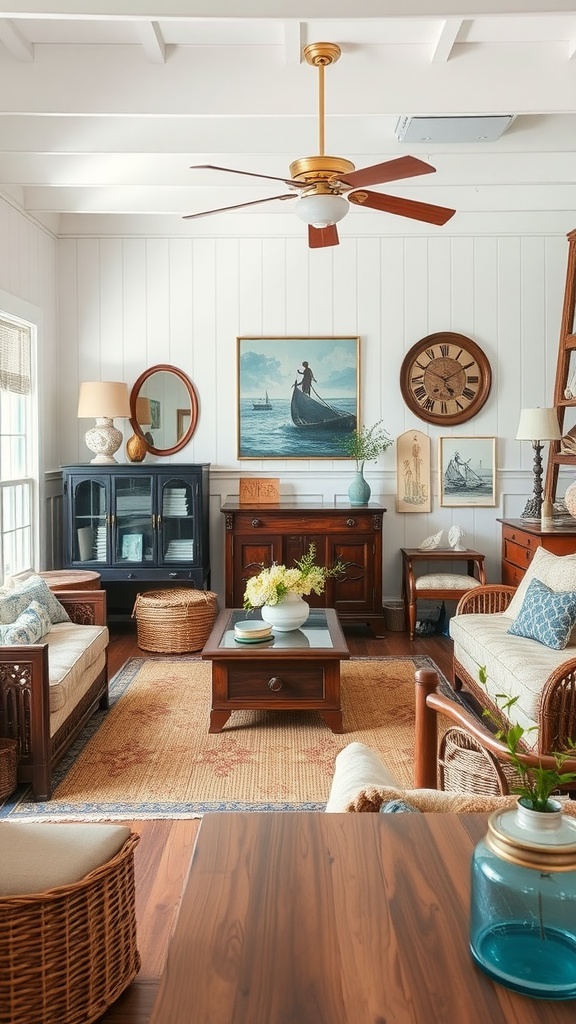 Coastal cottage living room featuring vintage furniture and decor.
