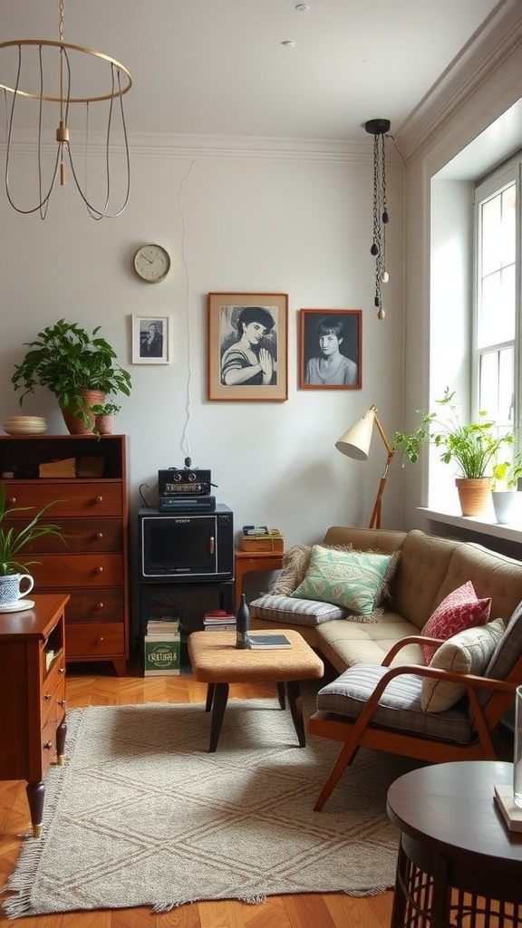 A cozy studio apartment living room featuring vintage decor, including framed photos, retro furniture, and lush plants.
