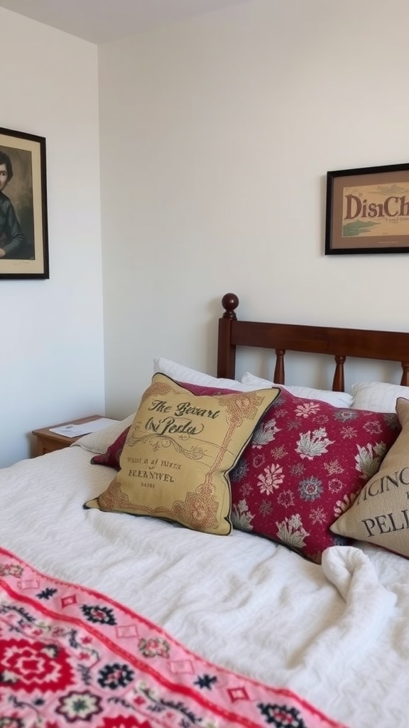 A cozy bedroom with vintage pillows and a colorful throw on the bed.