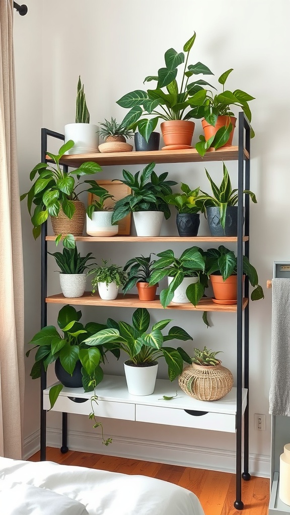 A stylish indoor plant shelf with various plants in different pots.