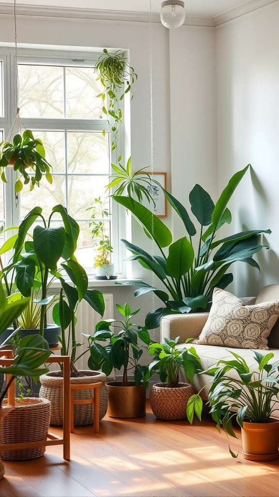 A bright living room filled with various indoor plants, showcasing a cozy seating area