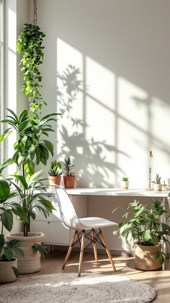 Cozy office space with indoor plants and a white desk
