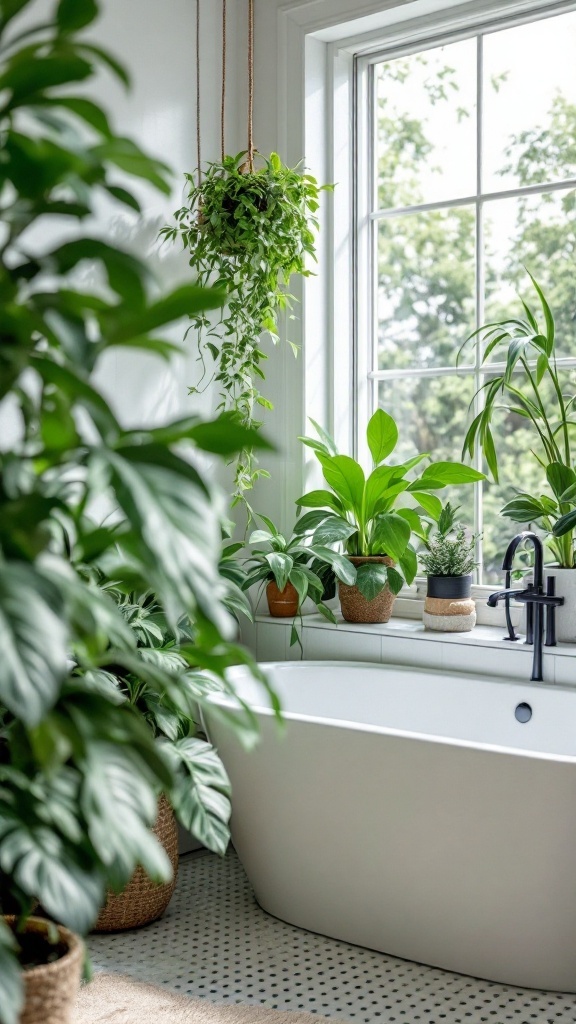 A bright bathroom featuring a hanging plant and various potted plants near a bathtub.