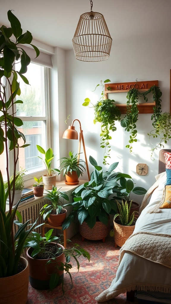 A cozy bedroom filled with various indoor plants, featuring a well-lit window and warm decor.