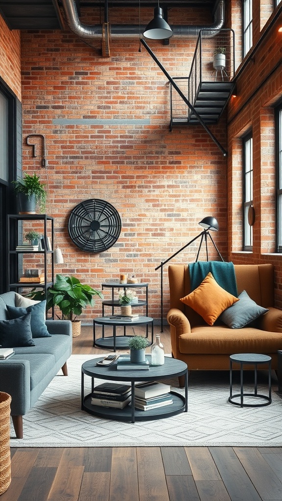 A modern small living room featuring industrial chic style with exposed brick walls, metal accents, and cozy furniture.