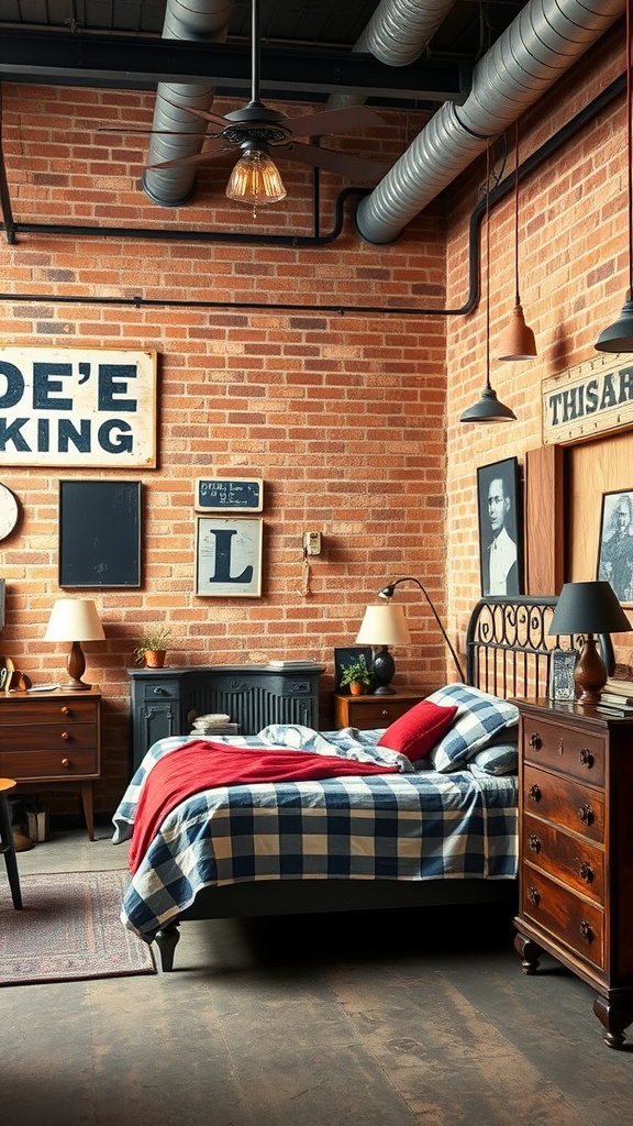 A cozy industrial chic bedroom featuring exposed brick walls, vintage furniture, and a stylish bed.