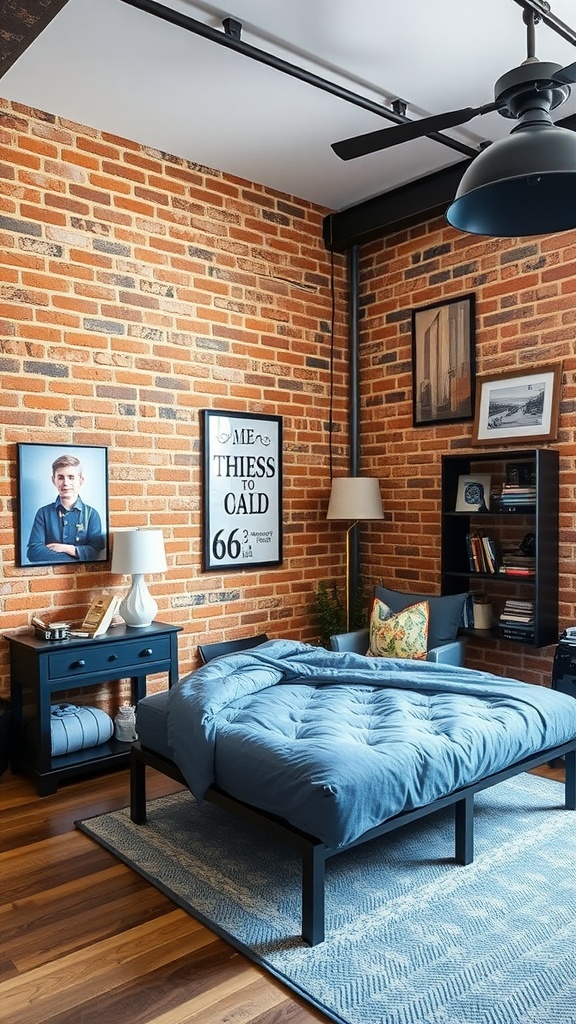 A stylish industrial bedroom featuring exposed brick walls, a cozy bed, and modern furniture.