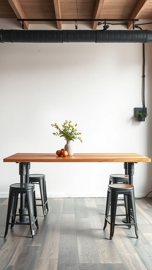 A stylish industrial pipe table with a wooden top and metal stools, set in a modern kitchen.