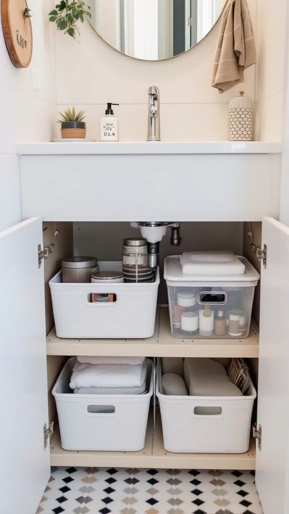 Under-sink storage with baskets and bins in a small bathroom