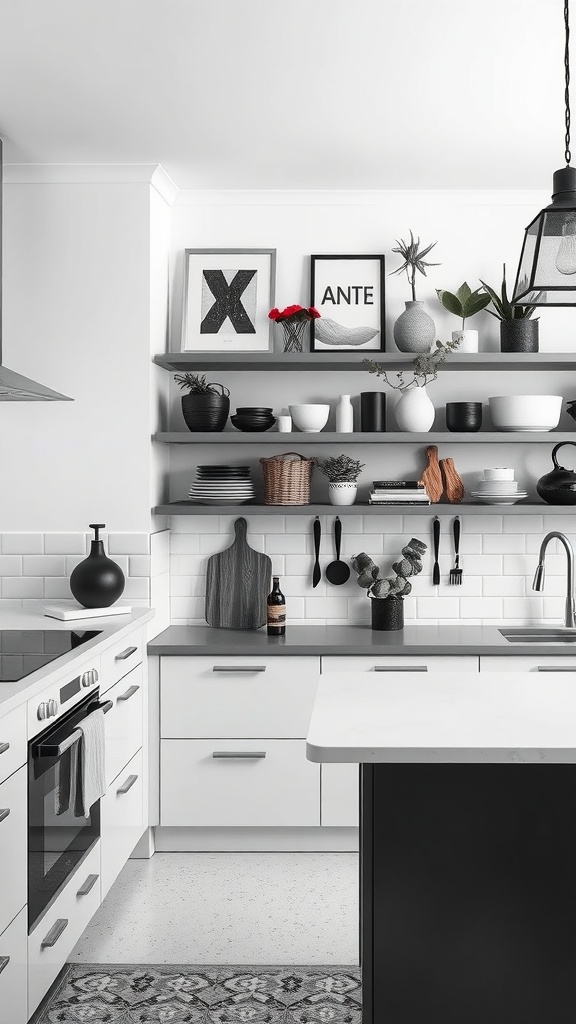 A modern black and white kitchen featuring open shelves with decor and dishes.