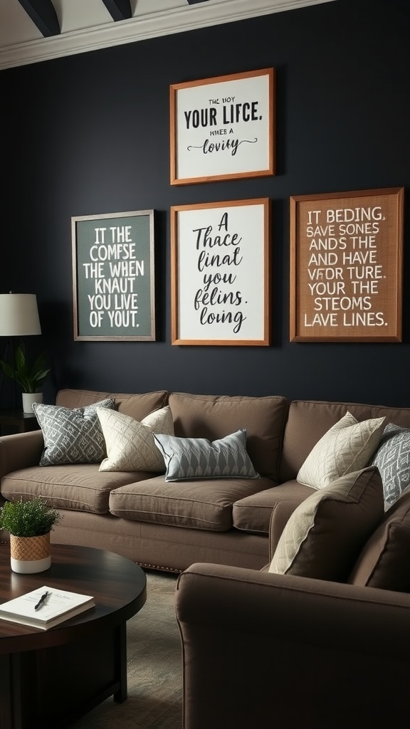 A dark boho living room with inspirational quotes and signs on the walls.