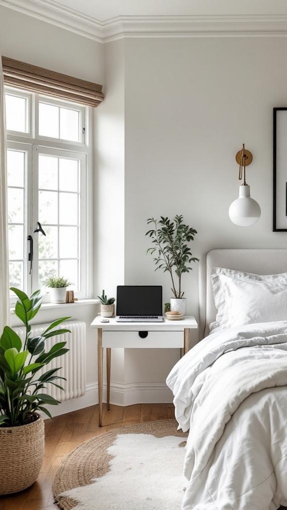 A stylish guest bedroom with a desk, plants, and a cozy bed.