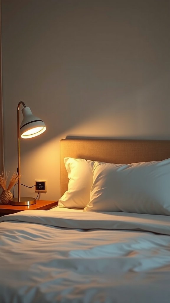A cozy bedroom with a stylish reading lamp beside a neatly made bed.