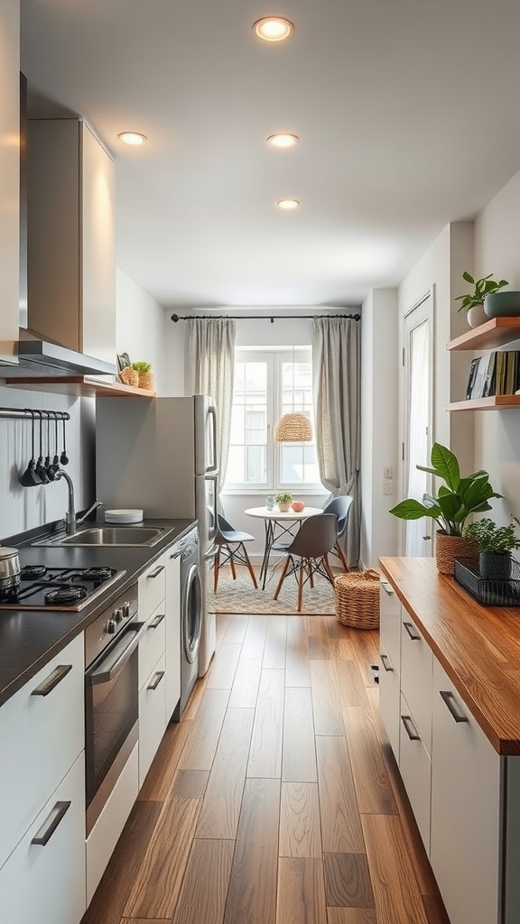 A small kitchen with integrated appliances and a cozy dining area.