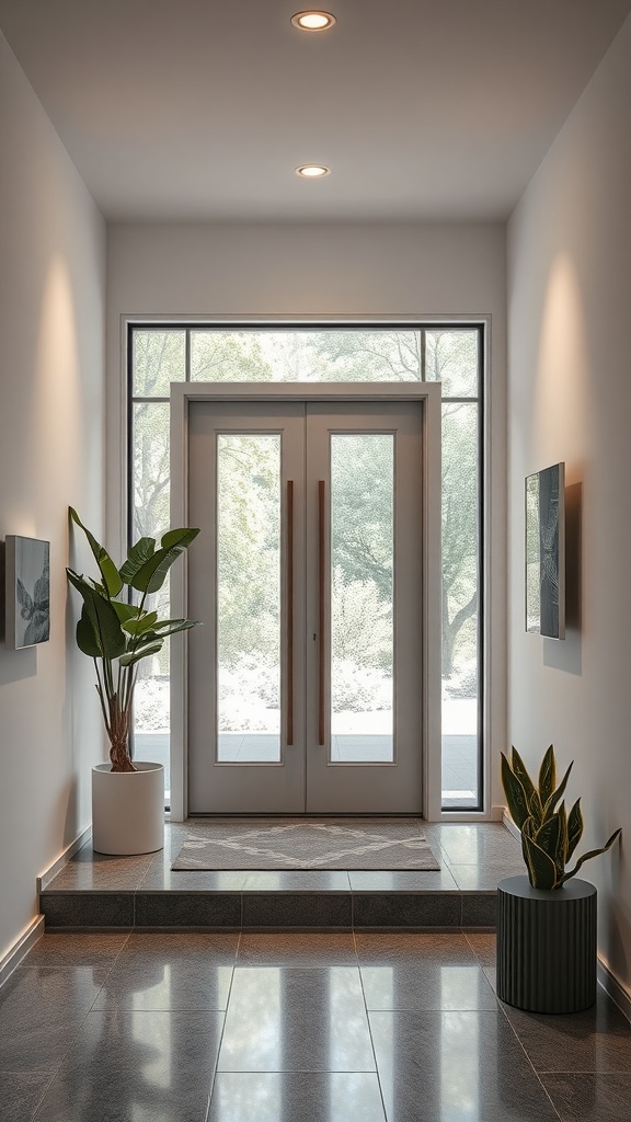 A minimalist entryway featuring large glass doors, natural light, and plants, showcasing modern design.