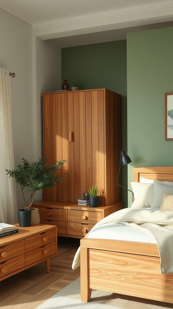A cozy sage green bedroom featuring wooden furniture and natural elements.
