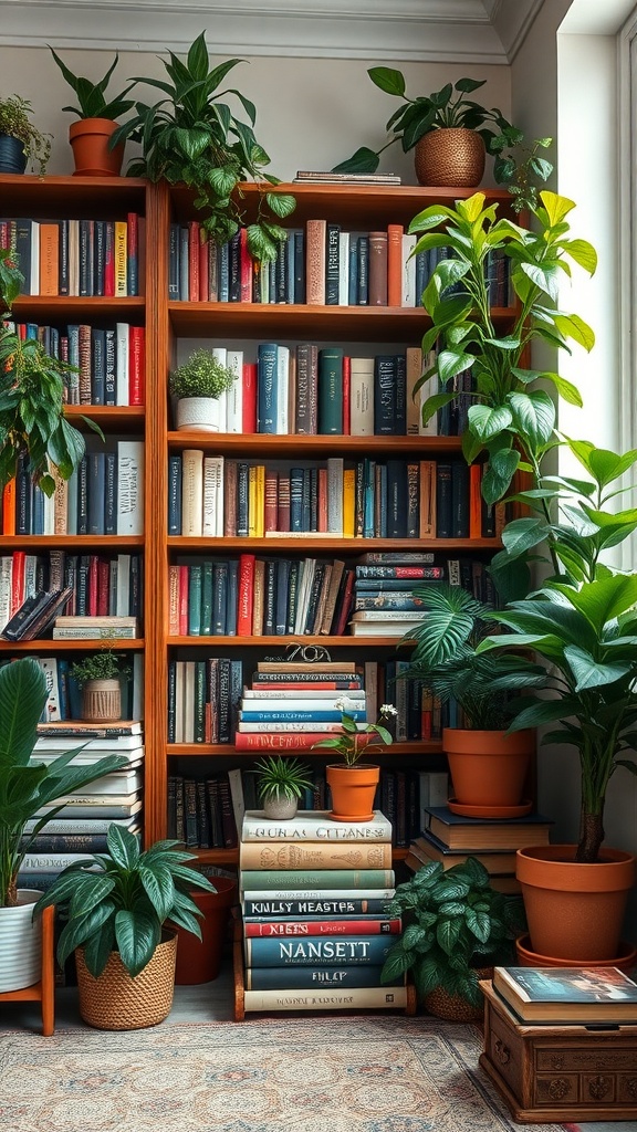 A cozy home library with bookshelves filled with books and various indoor plants, creating a warm atmosphere.