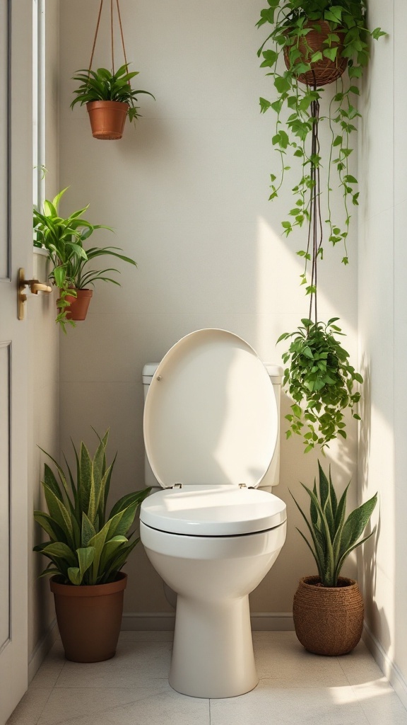 Small downstairs toilet with various potted plants around the toilet.