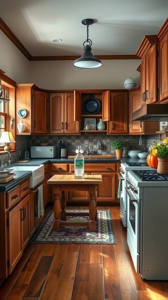 Cozy kitchen with wooden cabinets and a central island