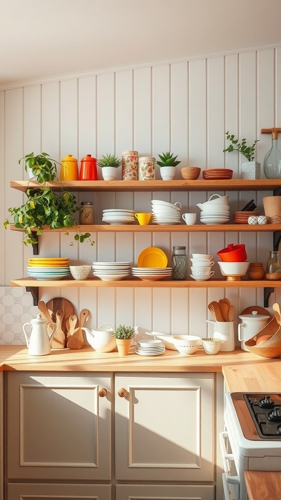 Cozy cottage kitchen with open shelving displaying colorful dishes and plants.