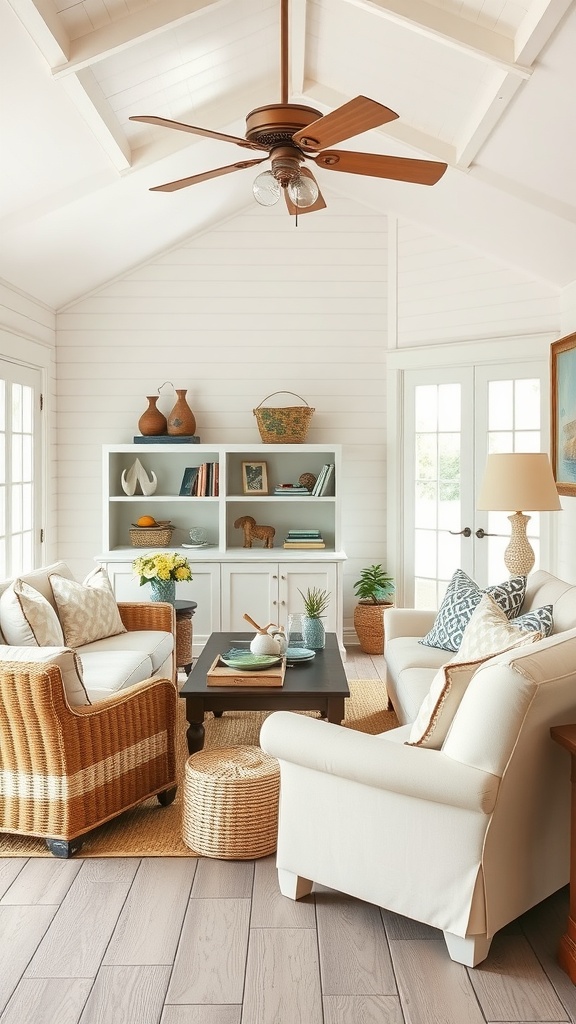 Coastal cottage living room with inviting seating arrangements.