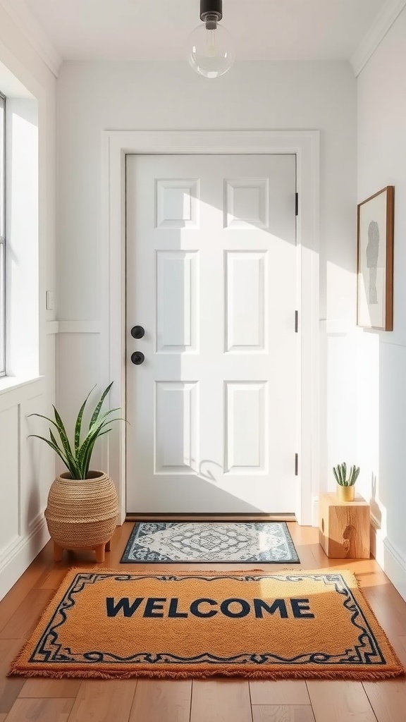 A minimalist entryway featuring a black door and a welcome mat in a natural setting.