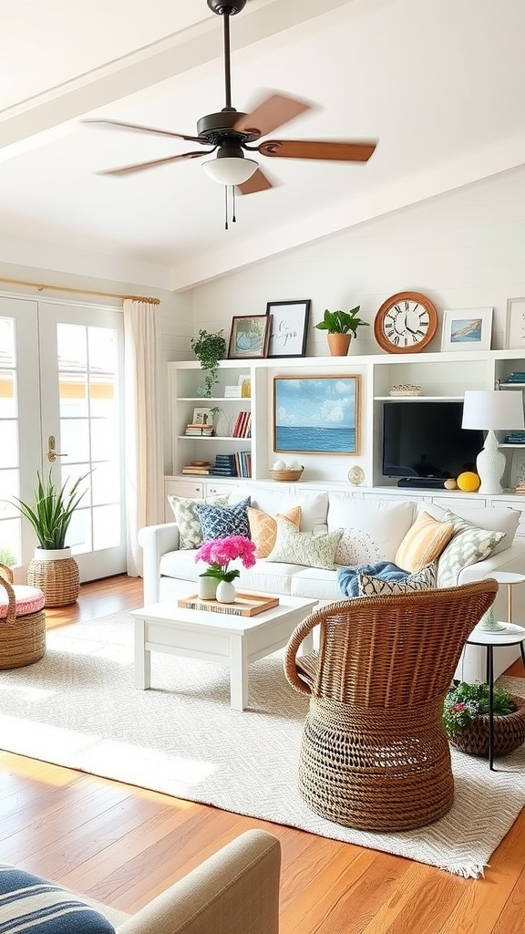 A cozy coastal living room with a light color scheme, comfy seating, and decorative coastal elements.